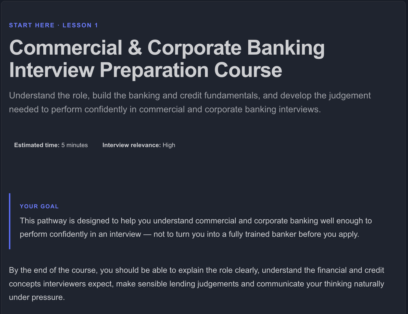 Start Here lesson inside the FinancePathway Commercial and Corporate Banking Interview Course