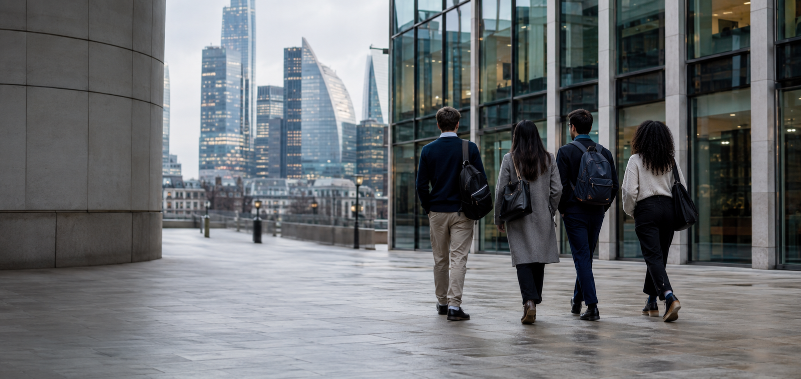 Students walking towards offices in the City of London