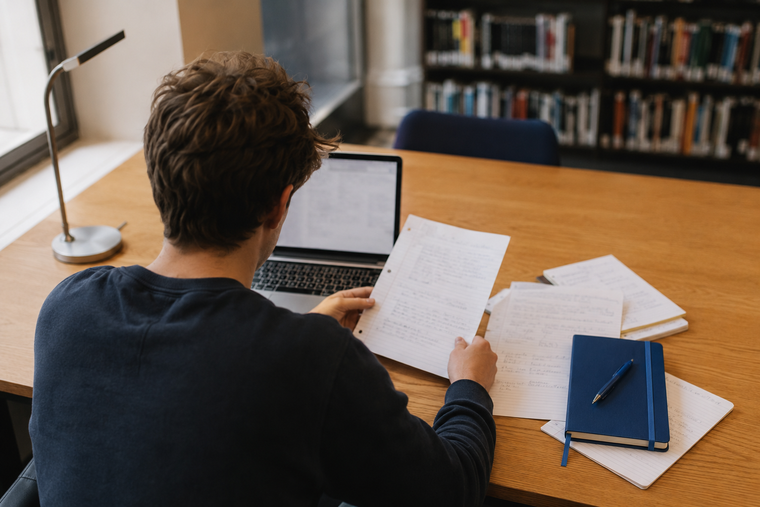 A student comparing finance career notes while studying