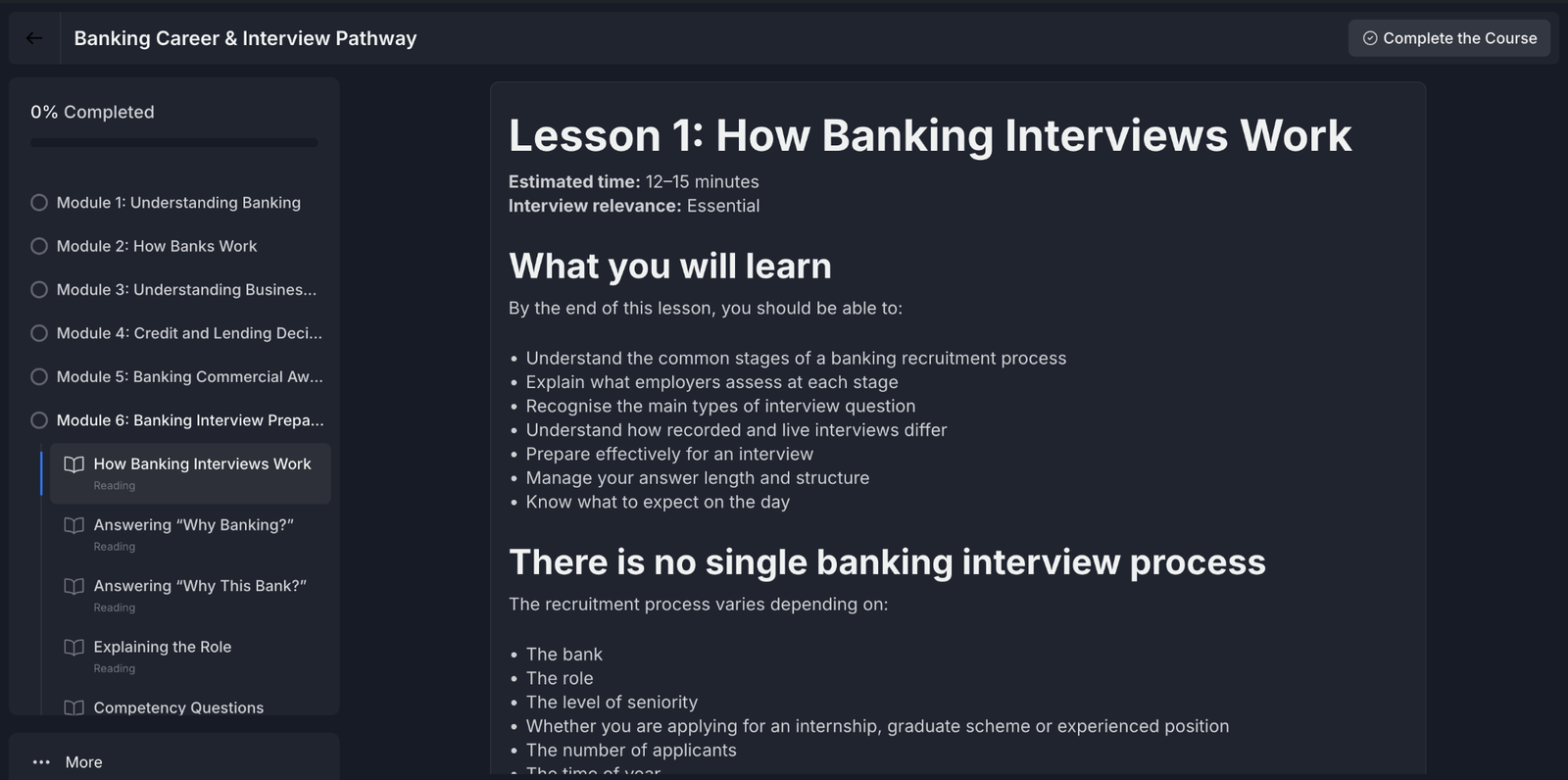 FinancePathway Banking Career and Interview Pathway course