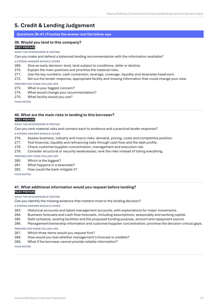 Credit and lending judgement questions from the interview question bank