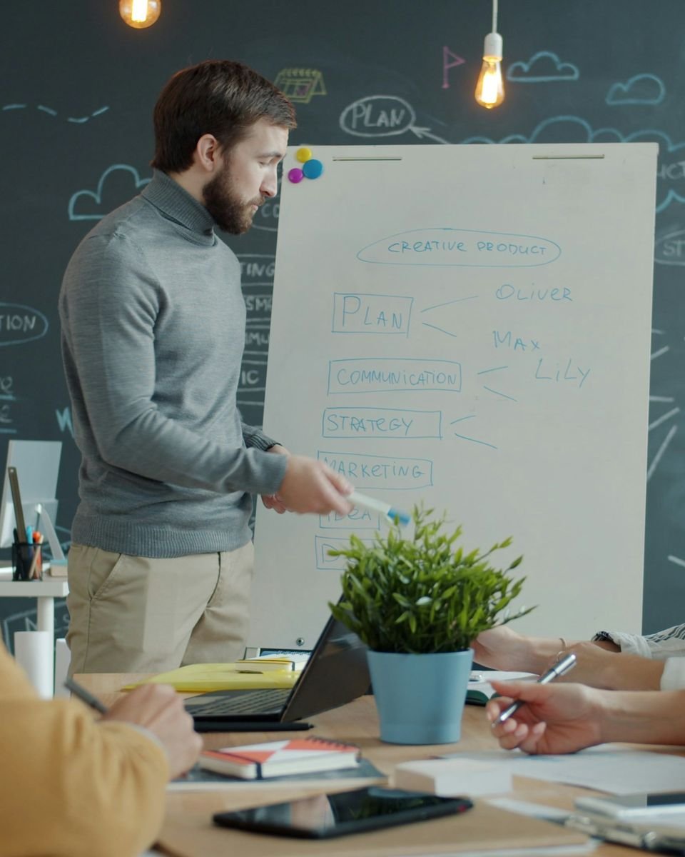 A team working through a problem at a whiteboard