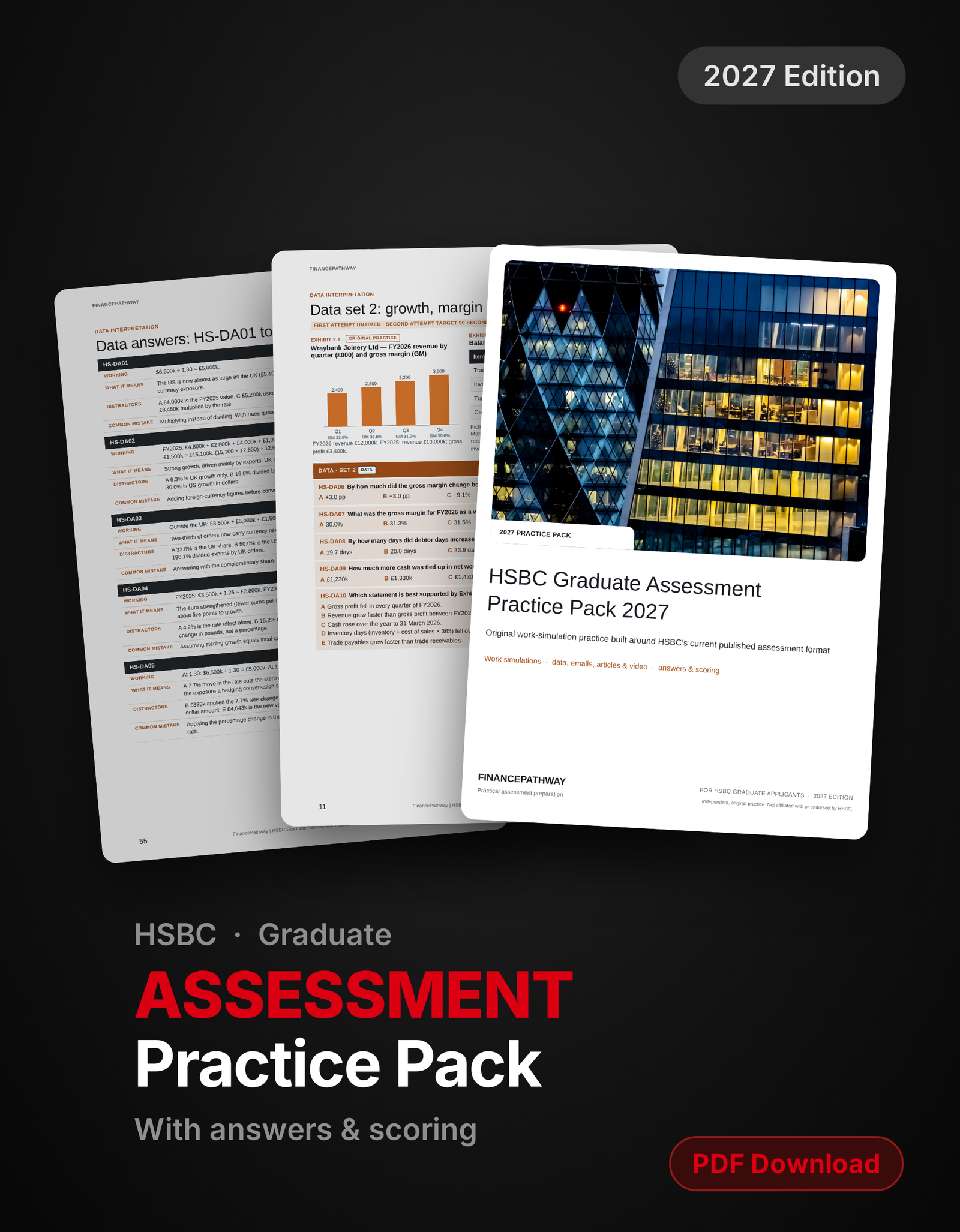 HSBC Graduate Assessment Practice Pack 2027 cover, with sample practice and answer pages fanned out