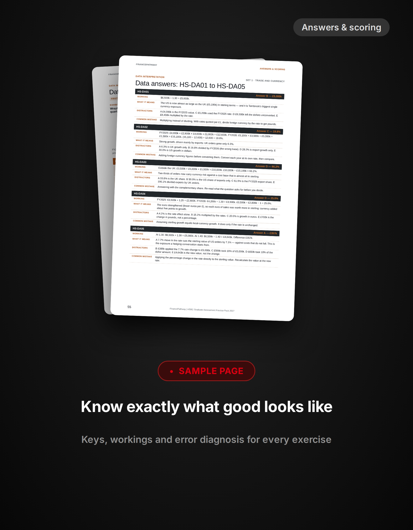 HSBC assessment practice answers page showing workings, distractor explanations and common mistakes for each question