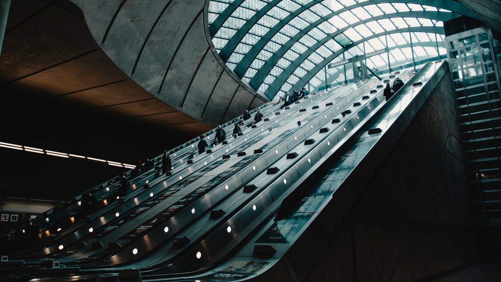 Commuters travelling up escalators beneath a sweeping glass roof.